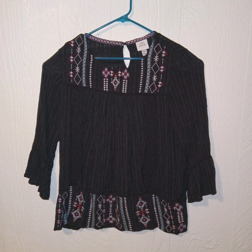 Knox Rose Embroidered Peasant Top Womens XL Black Boho Bell Sleeve Blouse